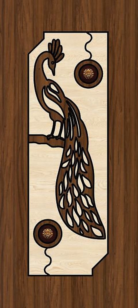 Dhoom door design DH-10 — a peacock on a pale maple panel.