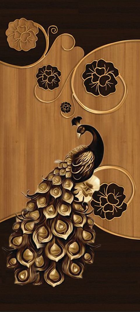 Lamination door design LD-102 — a gold peacock and roses on a walnut ground.