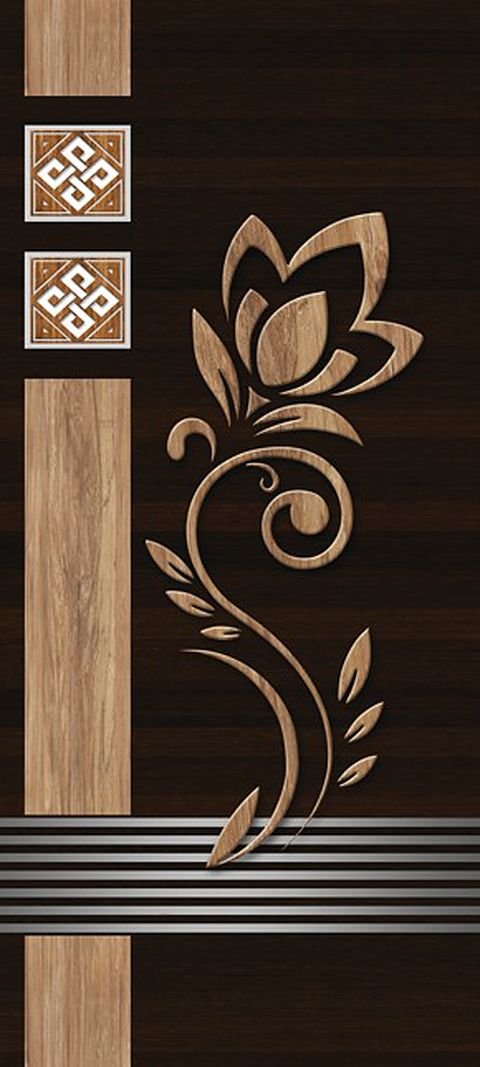 Lamination door design LD-242 — a gold floral scroll on dark wood with steel bands, shown for custom doors.