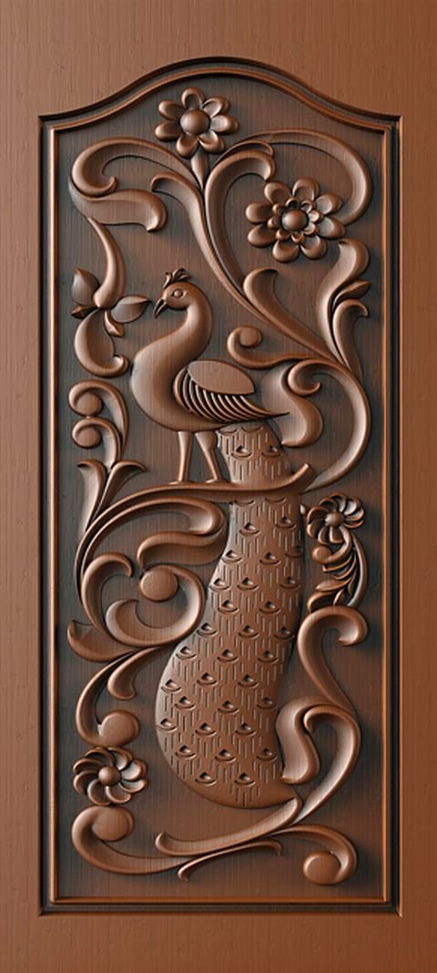 Membrane door design M3D-17 — a pressed 3D carving of a peacock and vase.