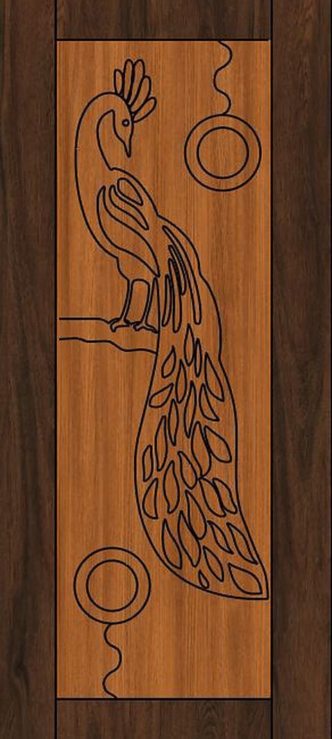 Micca door design MID-56 — an engraved peacock on a warm teak panel.