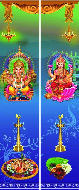 Pooja door design LD-P-01 — Ganesha and Lakshmi above brass lamps and a rangoli, on a blue and green ground.