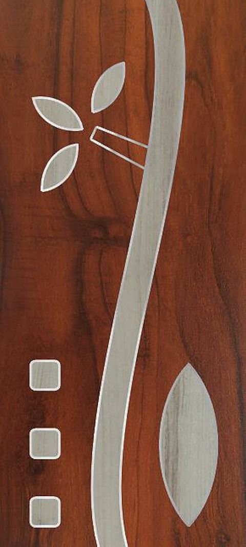 SS Patty door design SS-P-10 — a curving steel ribbon with leaves on rosewood.