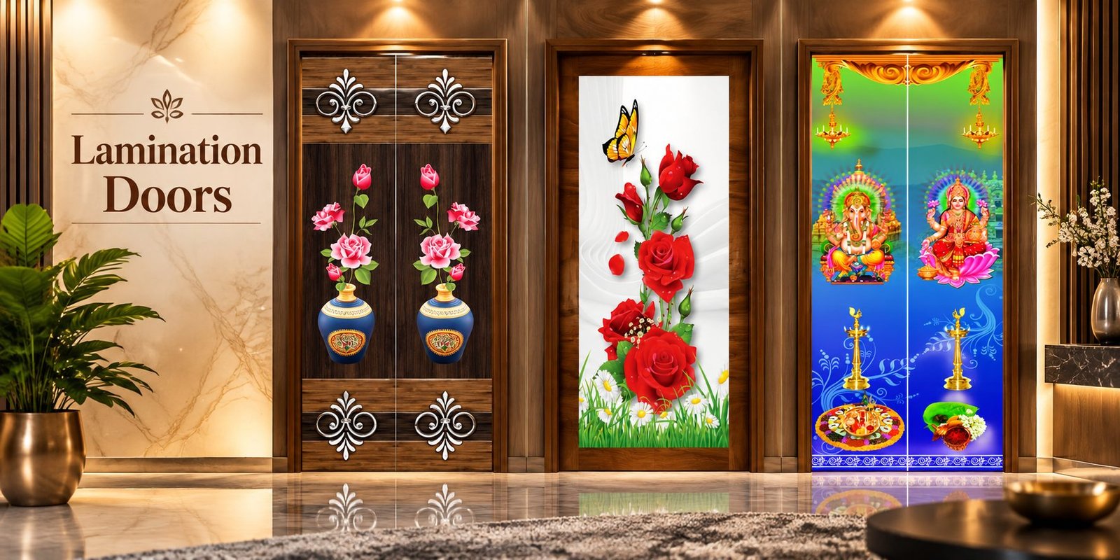 Lamination Doors — three laminated doors on display in a lit marble showroom: rose vases on walnut, red roses and a butterfly on white, and a Ganesha and Lakshmi pooja design.